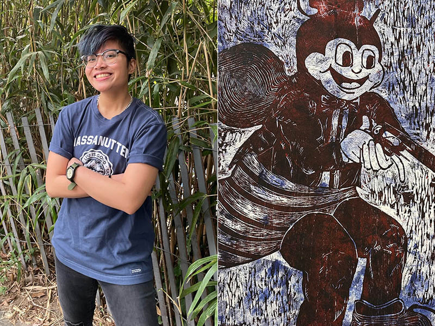 Printmaker Mira Manalastas&apos; work explores the continuing effects of the United States&apos; influence on the Phillipines.  Manalastas subverts the fast-food icon Jollibee to examine the reality behind the cultural facade.