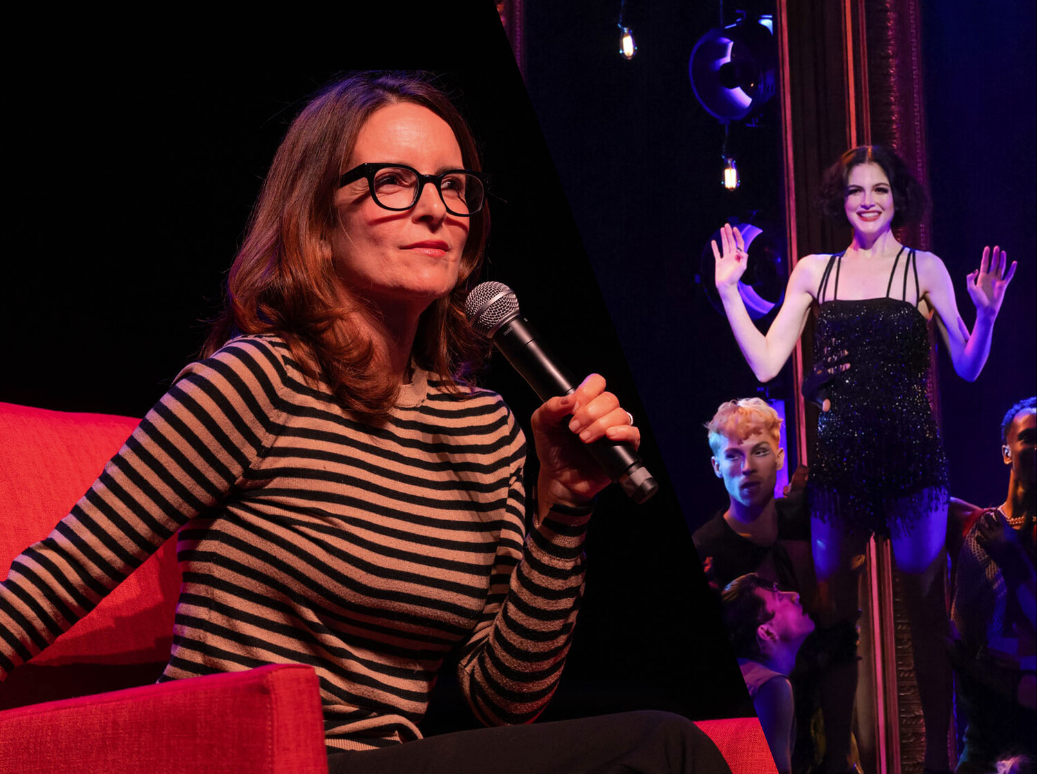 L: Tina Fey on the stage of JPJ for the 2023 President's Speaker Series for the Arts • Image by Sanjay Suchak R: Ainsley Seiger as Sally Bowles in Virginia Theatre Festival’s production of Cabaret • Image by Ken Huth