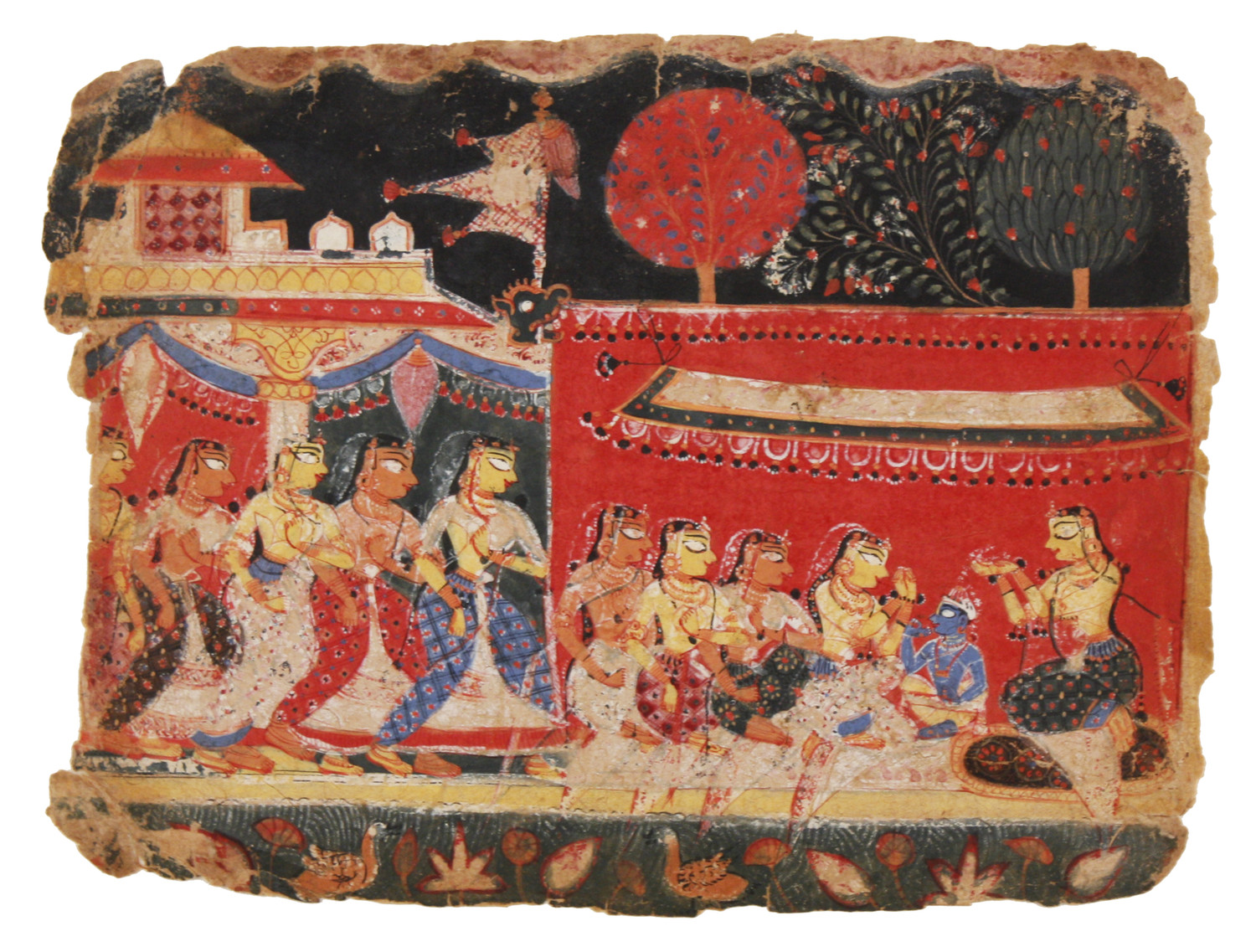 Unknown artist; North India; Leaf from a Bhagavata Purana series: The Cowherd Women of Vraja Observing the Vow of Katyayani, ca. 1520–1530. Opaque color on paper, 6 3/4 x 9 in (17.1 x 22.9 cm) Museum purchase with Curriculum Support Fund, 1994.11