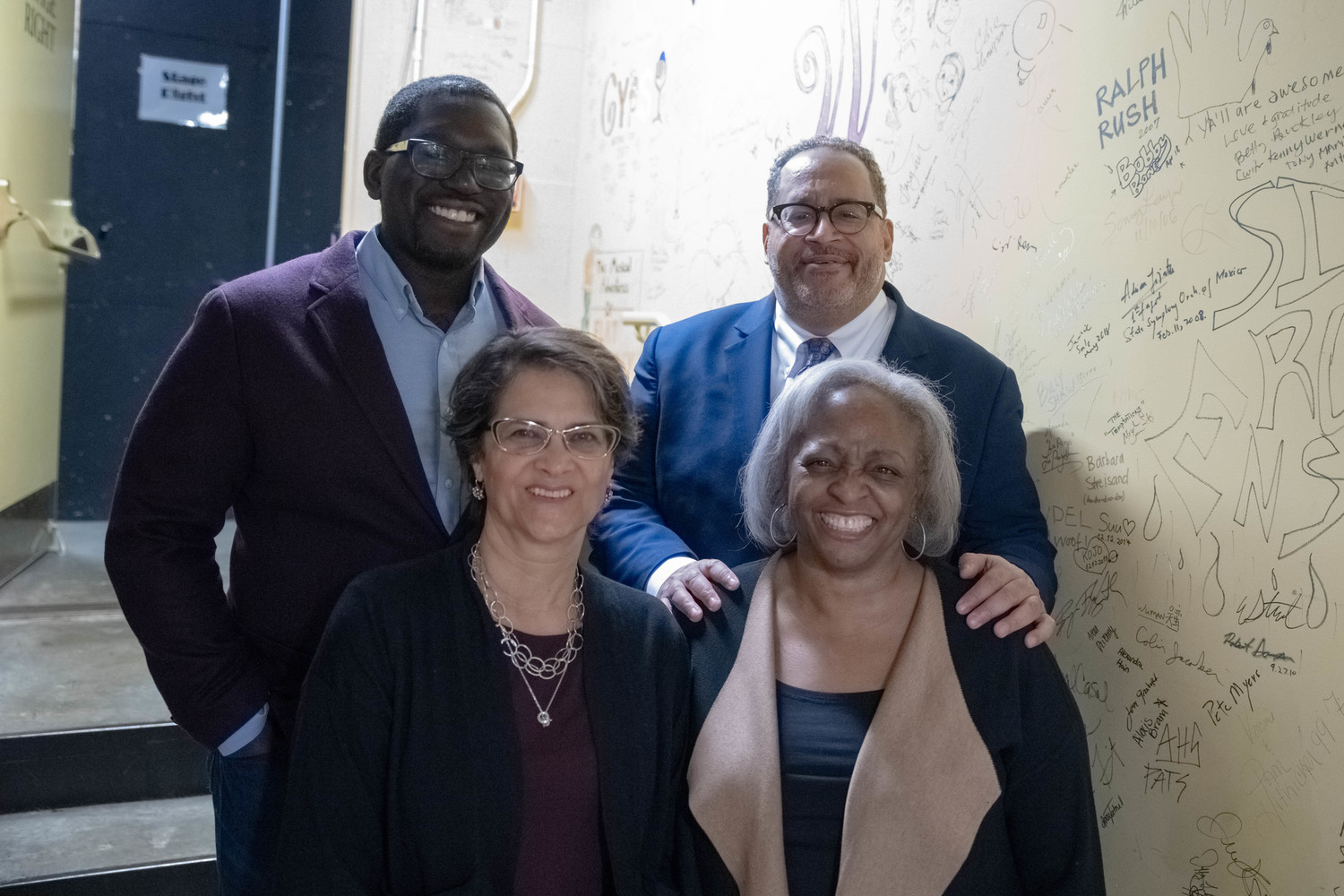 From top left, clockwise: Jamelle Bouie, Michael Eric Dyson, Carol Anderson, and Martha S. Jones backstage at The Paramount Theater before All of Our Rights during the 2019 Virginia Festival of the Book.
