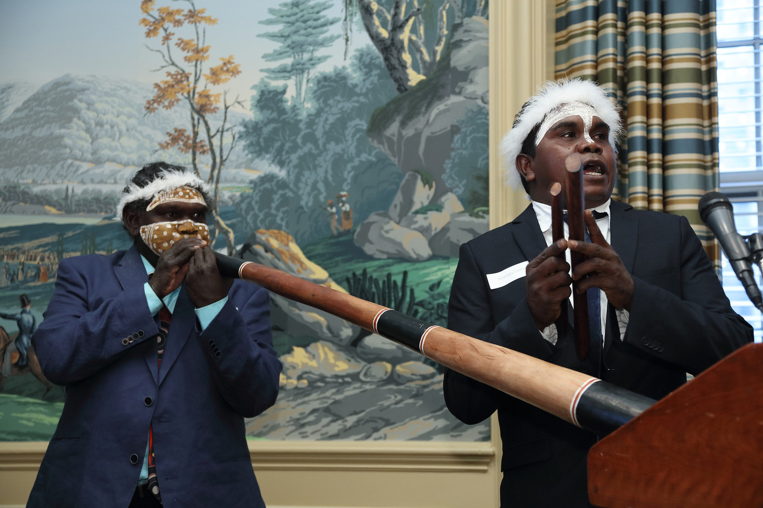 Wukun Wanambi and Yinimala Gumana performing a traditional Yolngu song at a reception to celebrate the launch of Madayin at the Yale Club of NYC in May Wukun Wanambi and Yinimala Gumana performing a traditional Yolngu song at a reception to celebrate the launch of Madayin at the Yale Club of NYC in May 