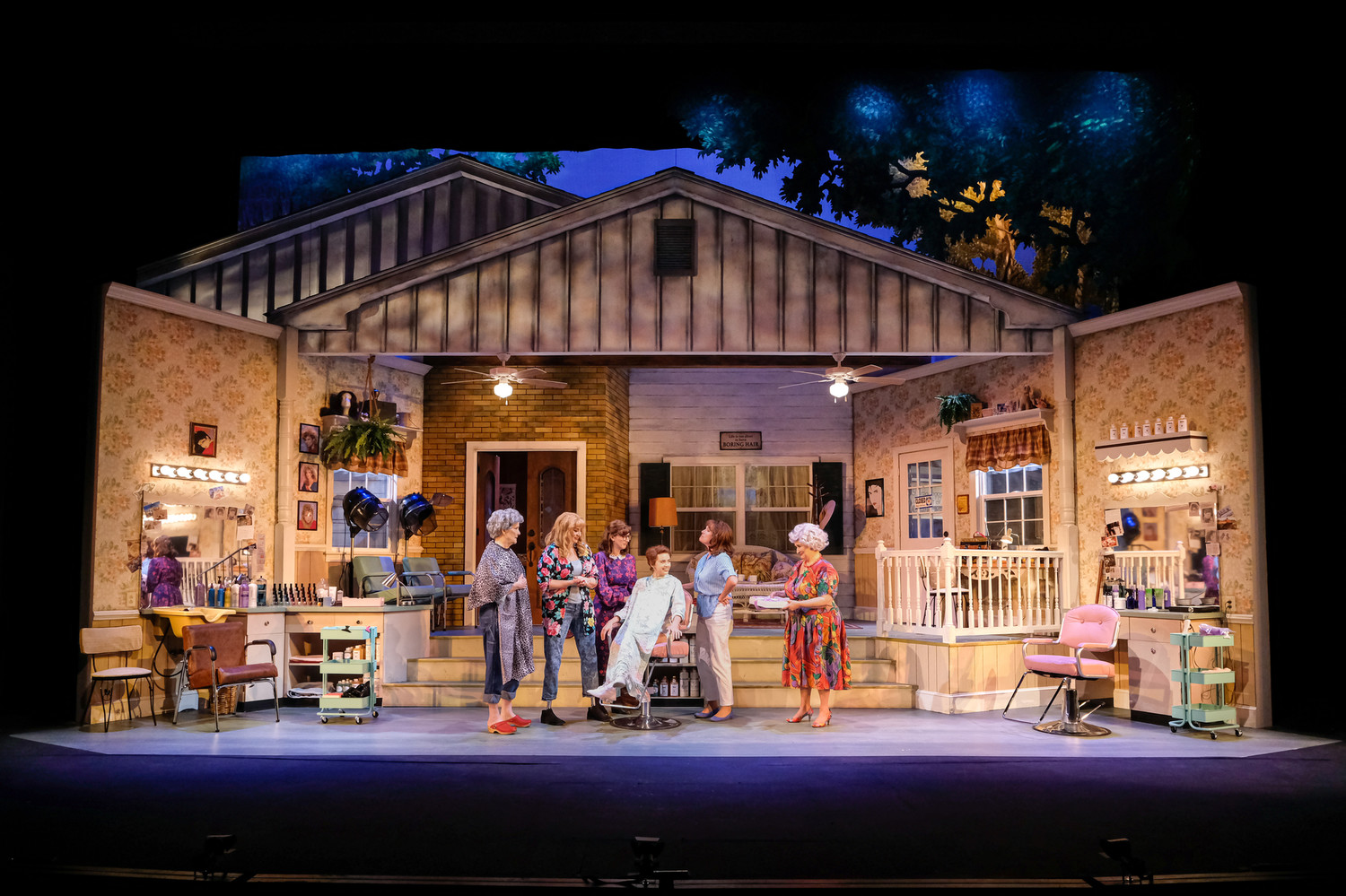 Ouiser (Kate Monaghan), Truvy (Katy Sullivan), Annelle (Lauren Elens), Shelby (Emma Pfitzer Price), M’Lynn (Kate Forbes), and Clairee (Jacqueline Jones) in a scene from STEEL MAGNOLIAS by Robert Harlan, Directed by Claire Karpen.  Scenic Design by David P. Gordan, Costume Design by Grier Coleman, Lighting Design by Lauren Duffie, Sound Design by Michael Rasbury, Prodcution Stage Management by Emily McGregor.  Heritage Theatre Festival, July 2019.