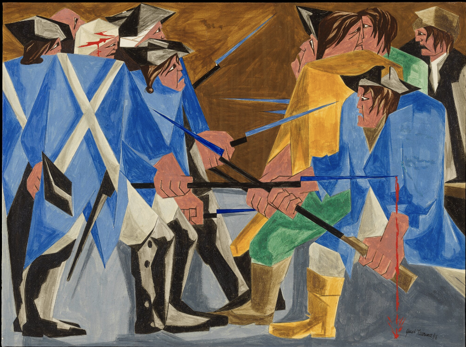 Jacob Lawrence, Struggle series, Newly Discovered Panel 16, 1956, “There are combustibles in every State, which a spark might set fire to.”— Washington to Henry Knox, 26 December 1786.