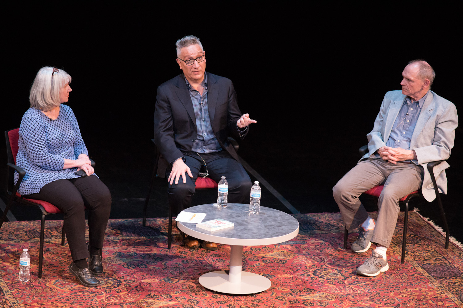 Moisés Kaufman, award-winning playwright, director and founder of Tectonic Theater Project, on stage with Drama Professor Colleen Kelly and UVA playwright Doug Grissom during his mini-residency supported by the UVA Arts Fund for Artistic Excellence.