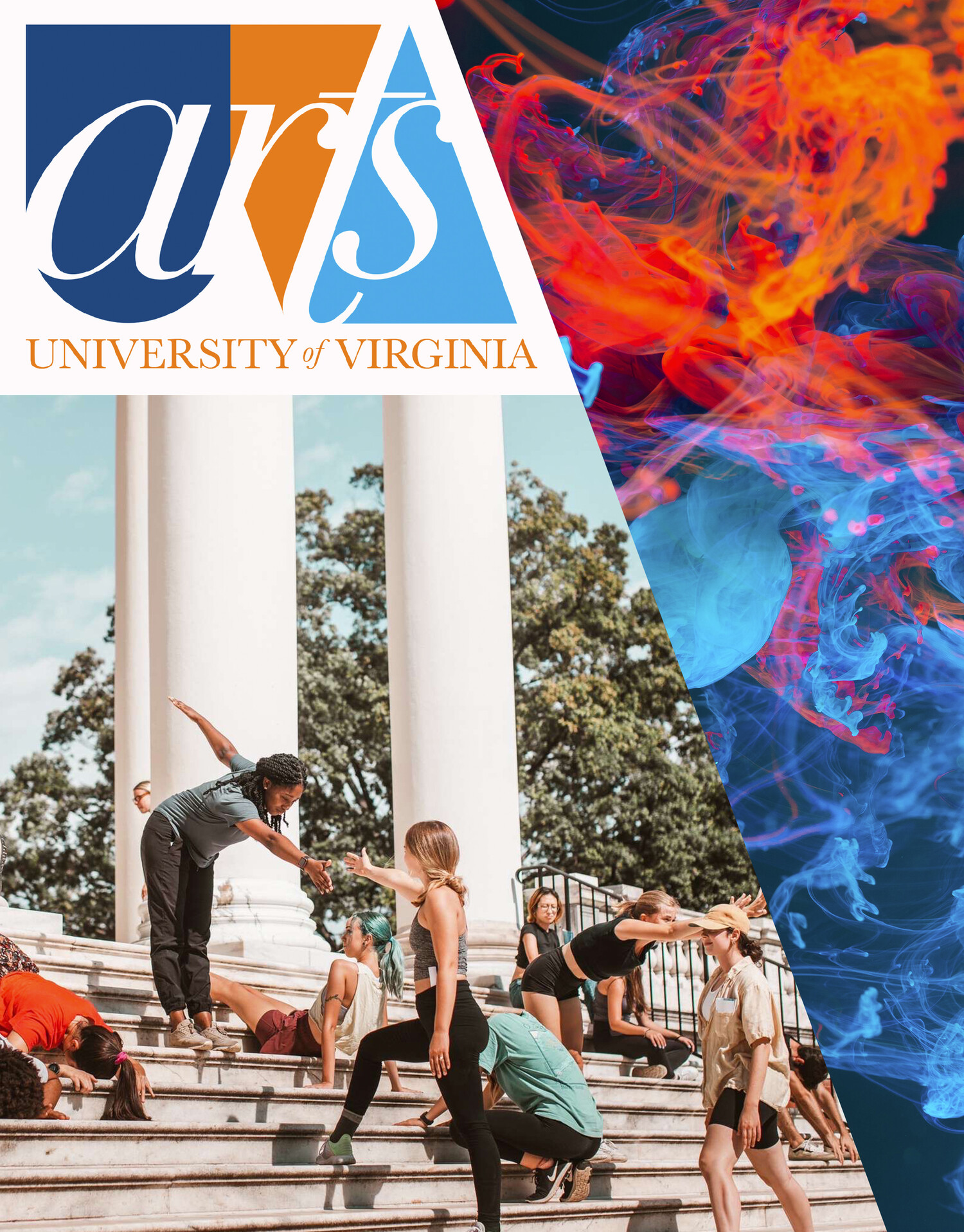 LEFT: Students in Moving With/Against Choreographies of the Lawn, an Improvisational Score by Katie Schetlick. Image by Justin Estanislao. RIGHT: Photo of Orange & Blue Ink by Lucas Benjamin on Unsplash