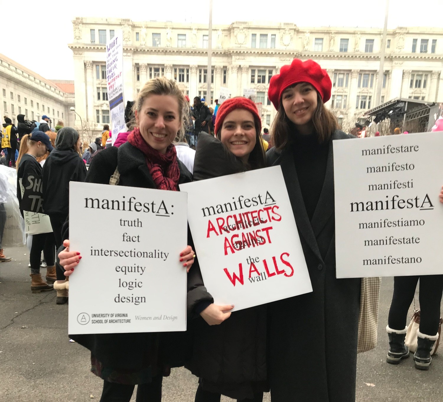manifestA members, Zazu Swistel (M Arch ‘19), Anna Morrison (M Arch ‘19) and Katie Kelly (MLA ‘19) attend the Women’s March on January 19, 2019 in Washington DC.