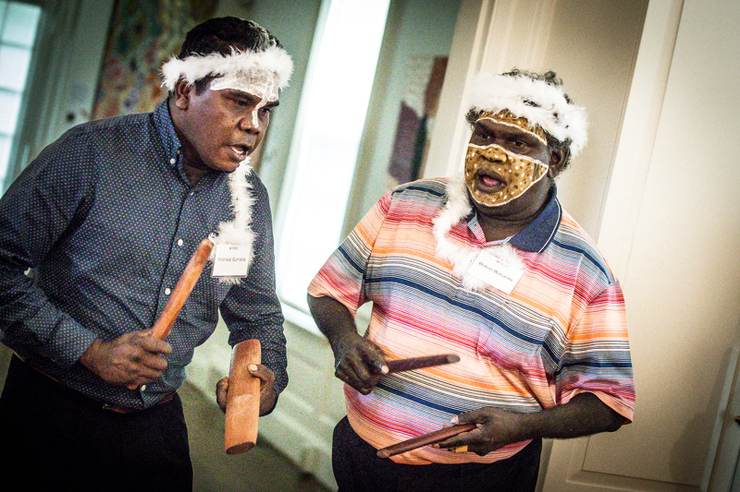 Yinimala Gumana and Wukun Wanambi, Yolngu artists from Yirrkala, Northern Territory, Australia, perform traditional Yolngu songs during a special event at Kluge-Ruhe in September 2017.