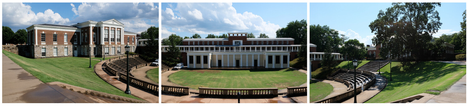 The McIntire Amphitheater is an outdoor theater located on the Central Grounds of the University of Virginia. The amphitheater, designed by Architect Fiske Kimball and built in
1921, is in a classical style featuring oversized concrete seating, two main staircases, and a stage structure with two small buildings attached forming a Skene.