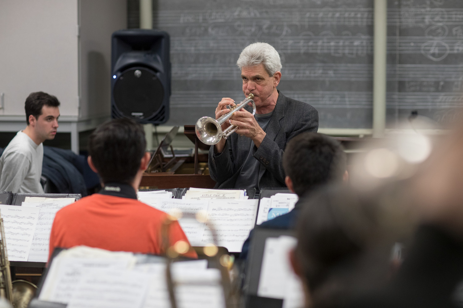John D'earth Director of Jazz Performance playing trumpet with students