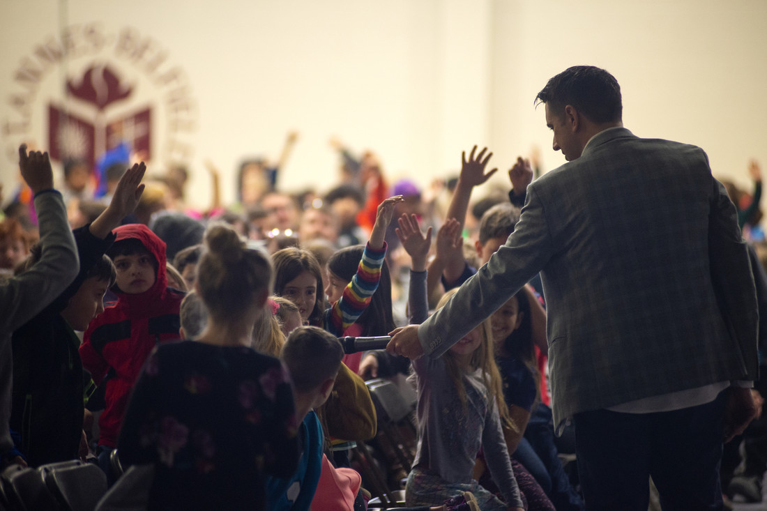 Jarrett Krosoczka (Hey, Kiddo) discussed his life and work with elementary school students from public and private schools in the region at St. Anne's Belfield lower school in Charlottesville, March 2019. 